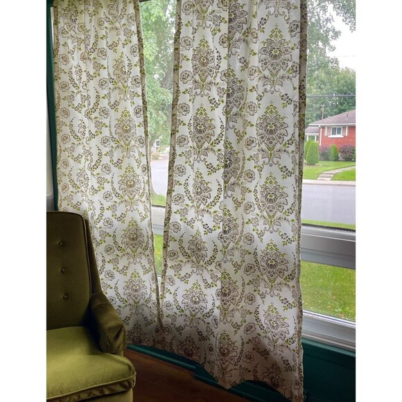 Vintage 60s pleated curtains, green & gold bold floral, Fiberglass panels, pair - Picture 2 of 10